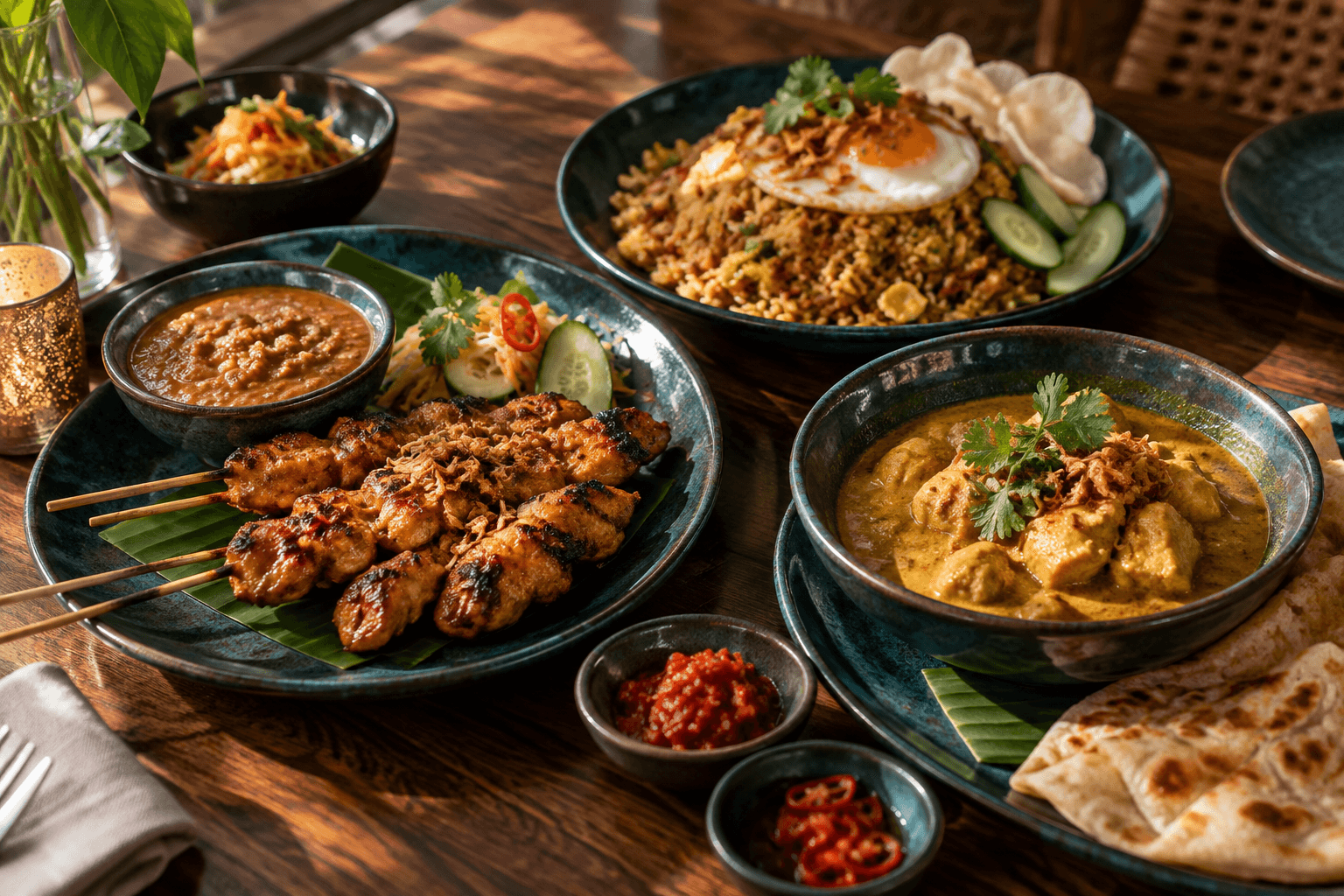 Saté met pindasaus, nasi goreng en curry met roti op een sfeervol gedekte restauranttafel